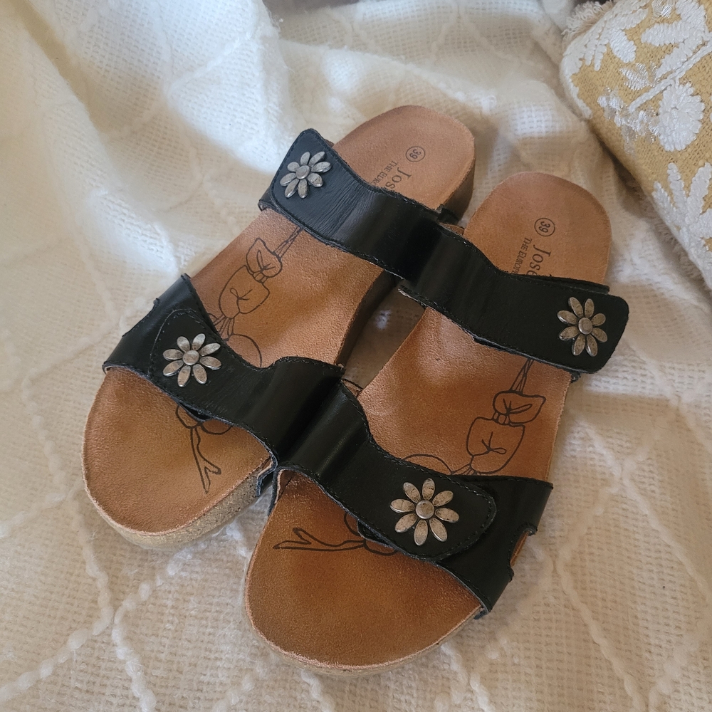 Josef Seibel Black Slide Sandals with Flower Studs